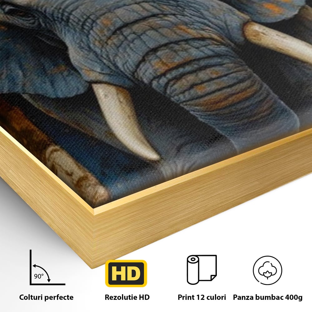 Detaliu al suprafetei: tablou canvas cu cap de elefant, in rama de aluminiu auriu